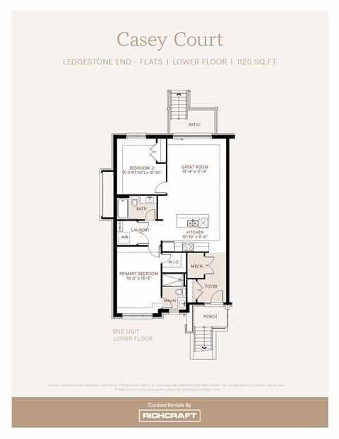 Floor plan for 2 beds, 2 baths, 1116 sqft